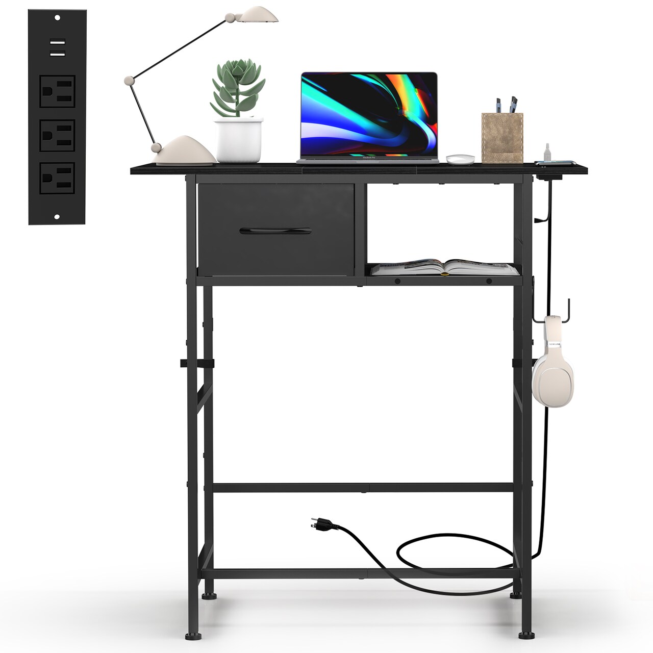 Black Vanity Desk with Charging Station, Makeup Table with Drawer, Open Shelf, and Headphone Hook